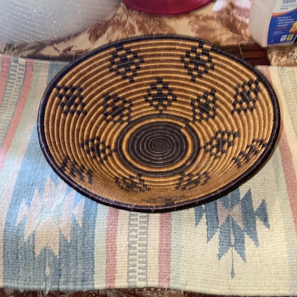 Hand Woven Basket Bowl diamond Coil Brown and table runner 57” + 2.5” tassels